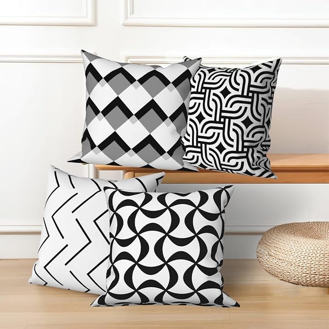 Black White Throw Pillow Cover 22"x22" Set of 4, Modern Art Irregular Geometric Stripes Patterns Cushion Cover for Sofa Chair Couch Bed Office Garden Patio Farmhouse Indoor Outdoor