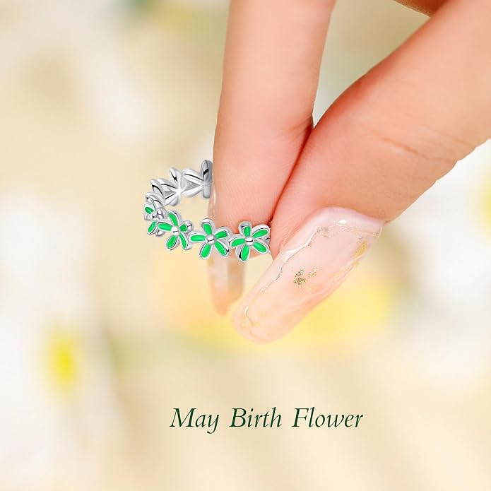 S925 Sterling Silver Dainty Daisy Flower Rings for Women, I Think Of You Every Daisy, 12 Month Birth Flower Ring