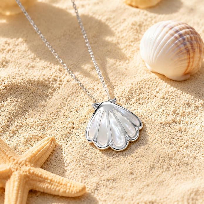 Starfish/Seashell Necklace for Women, 925 Solid Sterling Silver / 14k Gold Plated Sea Life Jewelry with 5A Cubic Zirconia Shell Necklace, Trending Summer Holiday Jewelry Gift for Her