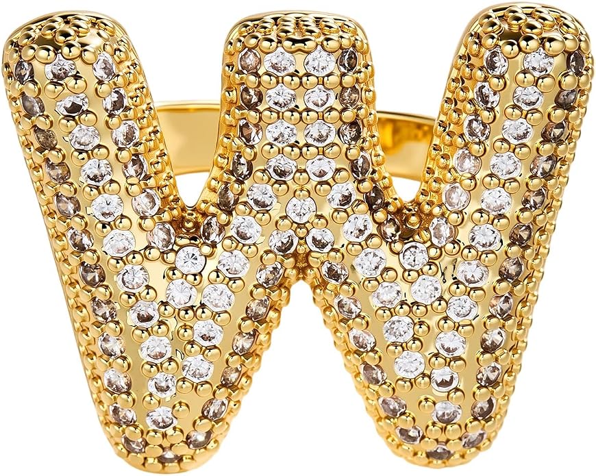 Cicy Bell Initial Rings for Women 14k Gold Plated Cubic Zirconia Delicate Letter Chunky Statement Open Rings Gifts for Her