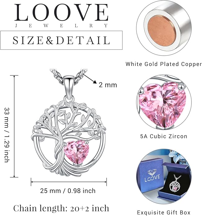 Birthstone Tree of Life Necklace for Women Heart Crystal Pendant Silver Plated Birthday Anniversary Jewelry for Wife, Mom, and Her