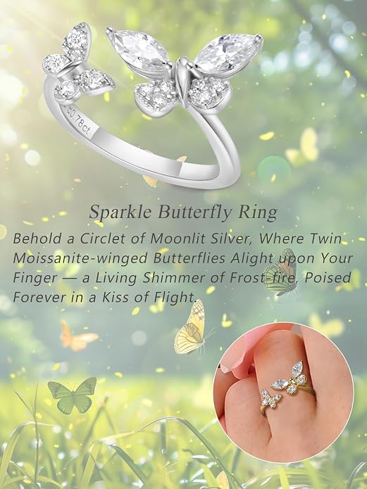 Moissanite Flower/Butterfly/Star Pretty Open Ring for Women, Adjustable Ring, Solid 925 Sterling Silver with Gold Plated, Stackable Ring, Birthday Valentines Anniversary Mothers Day Ideal Gift for Her