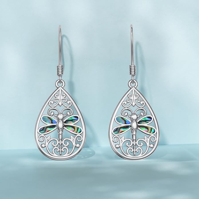 VONALA Abalone Shell Filigree Earrings 925 Sterling Silver Half Butterfly/Dragonfly Teardrop/Long/Vintage Abalone Shell Drop Dangling Earrings Bohemian Jewelry Gifts for Women