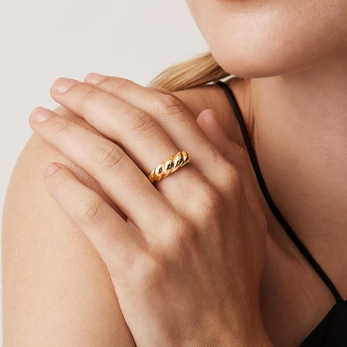 PAVOI 14K Gold Plated Croissant Dome Rings for Women - Trendy Twisted Braided Band - Chunky Signet Stackable Ring Stetement Jewelry