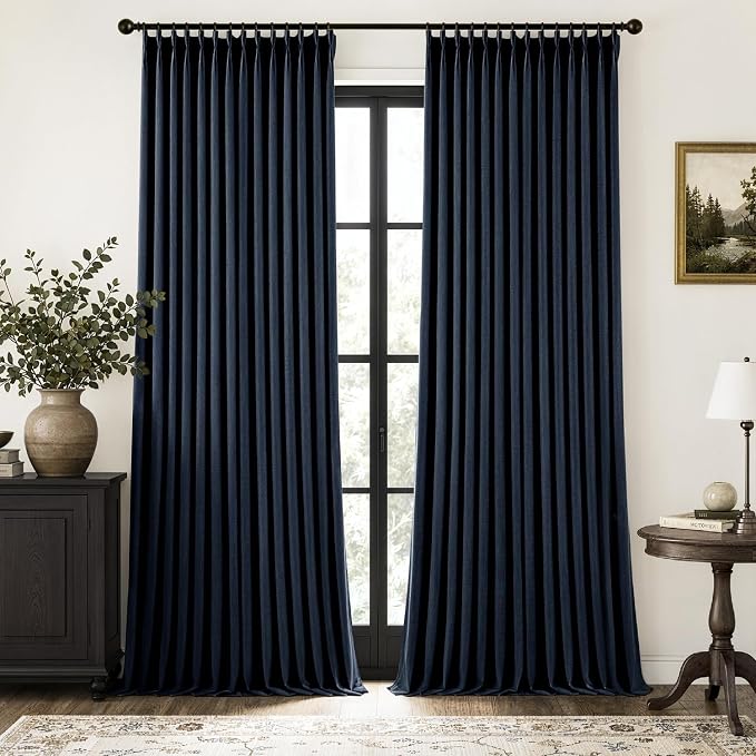 MIULEE Navy Blue Pinch Pleated 100% Blackout Linen Curtains for Bedroom, Room Darkening Memory Trained Light Blocking Window Curtains 108 inches Long for Living Room, Black Out Pleat Drapes, 2 Panels