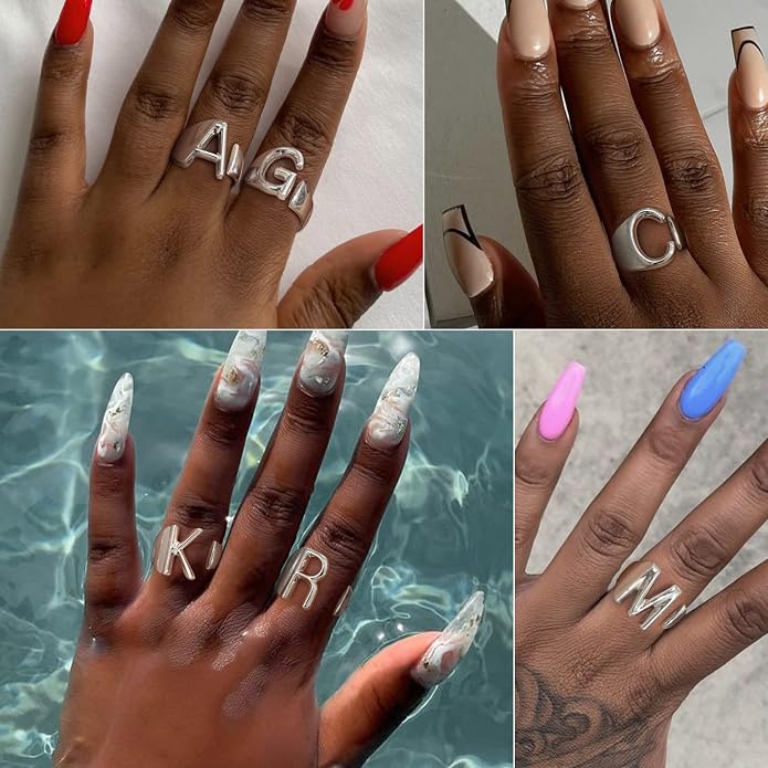 KeyStyle Bold Initial Letter Rings Adjustable, GoldChic Jewelry Women Gold Statement Ring Personalized Engraved Women’s Open Signet Ring for Party (Gold, White Gold, Black)
