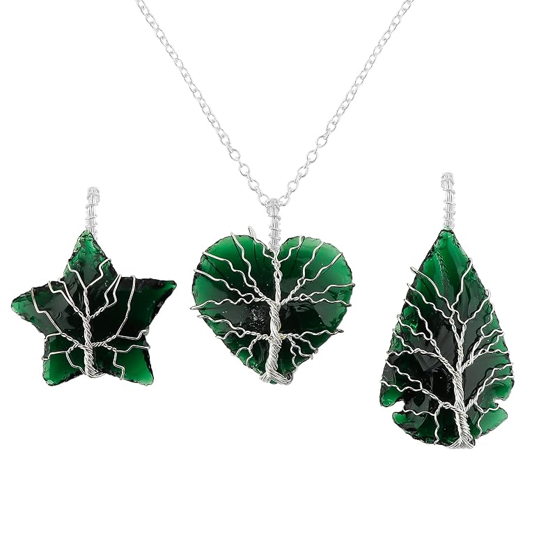 Tree of Life Craft - Raw Green Sea Glass Rough Crystals Pendant Necklace, Wire Wrapping, Gift Giving Women Jewelry with Dainty Silver Plated Chain 18 inch (3pcs)