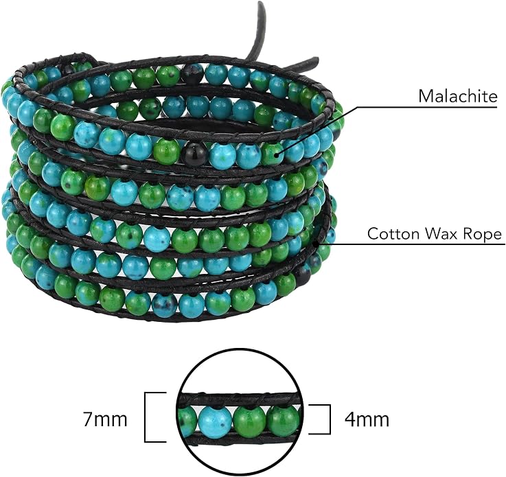 AeraVida Malachite Leather Wrap Bracelet Genuine Brown Leather Green Stone Beaded Multi Wrap Bracelet Handmade Boho Artisan Jewelry 34 Inch