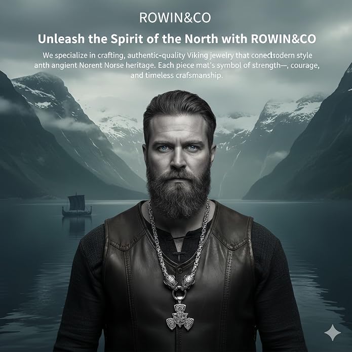 ROWIN&CO Viking Necklace for Men, Stainless Steel Nordic Runes Wolf Head Spearhead & Trinity Knot Pendant with Byzantine Chain Amulet, Norse Mythology Pagan Gothic Biker Jewelry Gift