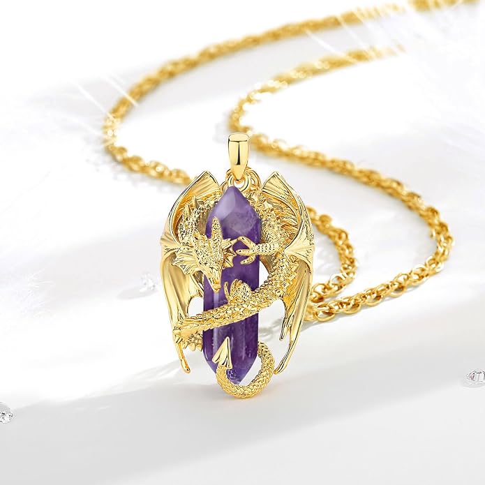 INFUSEU Unique Dragon Necklaces with Healing Crystal Stone for Men Women, Personalized Spiritual Gifts, 24 Inch Chain