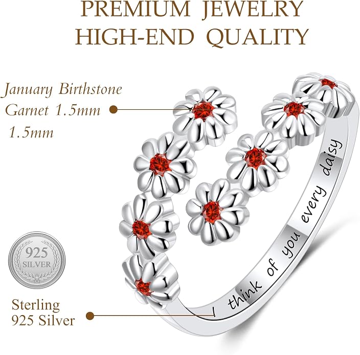 Dainty Daisy Ring for Women, S925 Sterling Silver Cubic Zirconia Sunflower Flower Ring For Daughter, I Think Of You Every Daisy Ring, Birthstone Flower Ring