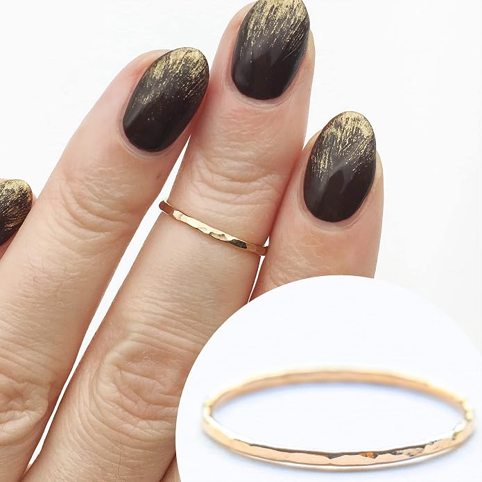 Ellie J Maui Hammered Ring, 1mm Thin Stacking Rings, Minimalist Rings for Women, 14K Gold Filled Rings for Teen Girls Midi Knuckle Pinky Finger Jewerly (Size 3-11)