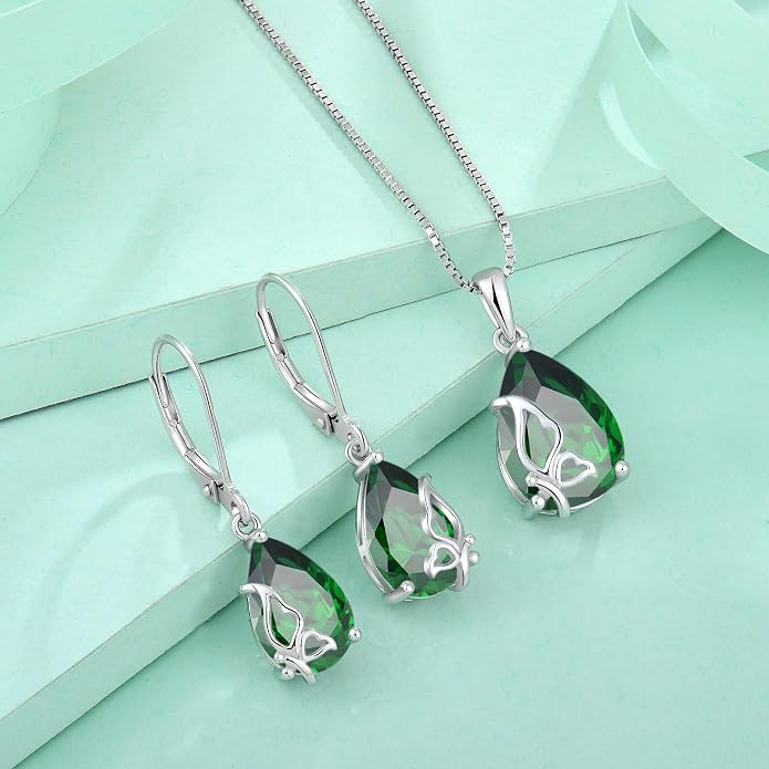 Teardrop Necklace 925 Sterling Silver Butterfly Pendant Necklace Birthstone Jewelry for Women