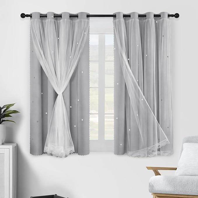 XiDi Grey Curtains 54 Inches Long for Bedroom Living Room 2 Panels Thermal Insulated Kids Curtain Hollow-Out Star Window Nursery Curtains Room Darkening Grommet Window Treatments Light Grey W34 x L54