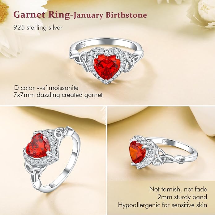 DAYBYDAY Celtic Birthstone Rings for Women 925 Sterling Silver Heart/Round/Pear/Oval Created Gemstone Moissanite Halo Engagement Promise Rings for Her Wife Birthday Anniversary Wedding Jewelry
