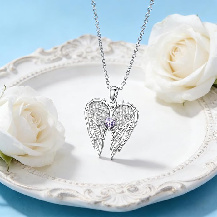 Dorunmo Guardian Angel Wing Pendant Birthstone Heart Necklace Birthday Jewelry Gifts for Women Mom Wife Daughter