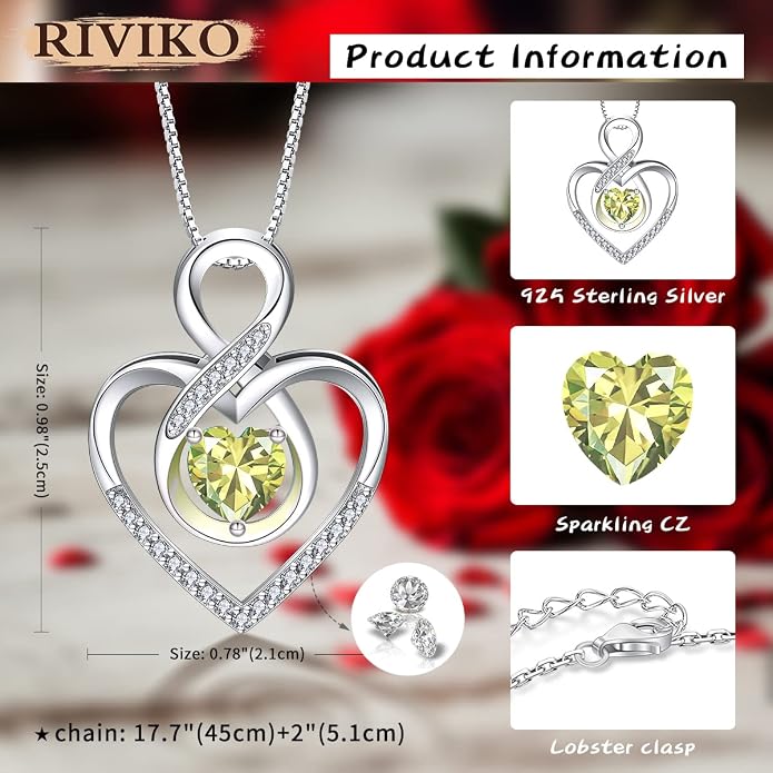 RIVIKO Infinity Heart Symbol Necklace for Women 925 Sterling Silver Love Heart Pendant Mothers Day Anniversary Birthday Christmas Jewelry Gifts for Women Mom Wife Sister Her Friends