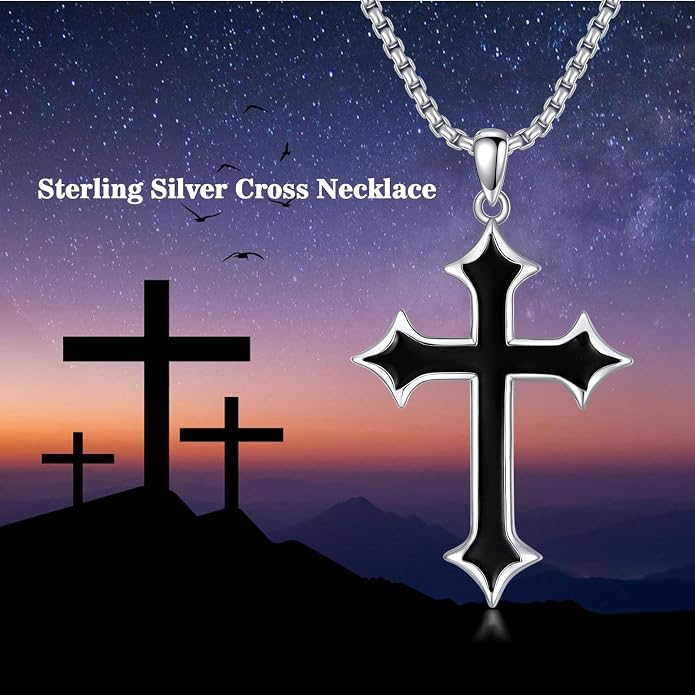 KXJ S925 Sterling Silver Black Cross/Best Dad/Baseball Bat/Silver Cross/Ankh Cross/Crucifix with 22+2 Inches Stainless Steel Rolo Chain Cross Necklace for Men Women Christian Religious Jewelry Gifts