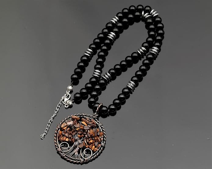 ElisaJewelryArt - Natural Amethyst Big Tree Of Life Pendant Black Onyx Stone Beaded Necklace Genuine Gemstone Feng Shui Stone Clasp Closure Necklace Unisex Necklace