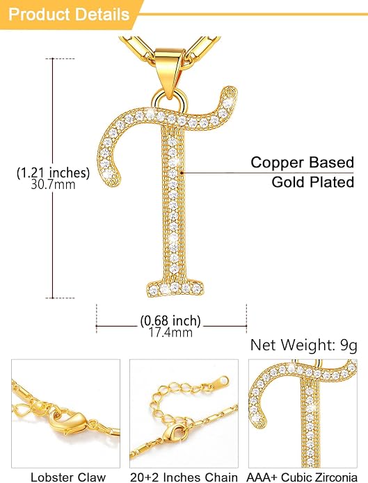 U7 Initial Necklace for Women, Gold/Platinum Plated CZ Crystal Letter A-Z Pendant Necklace, Shiny 20 Inch Name Chain Dainty Personalized Jewelry for Men Mom Wife Friend