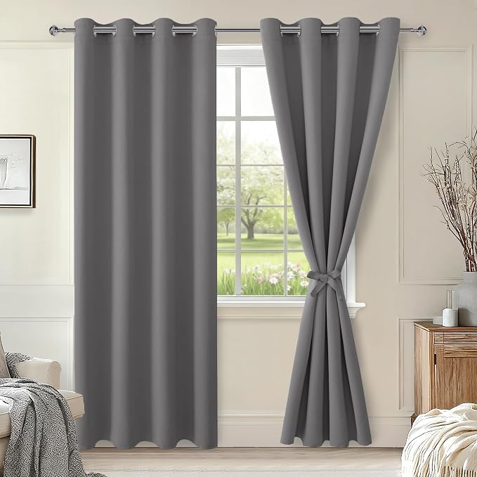 Hiasan Blackout Curtains for Bedroom, 52 x 96 Inches Long - Thermal Insulated & Light Blocking Window Curtains for Living Room, 2 Drape Panels Sewn with Tiebacks, Light Grey