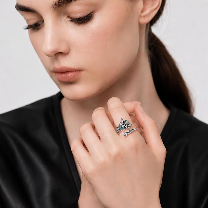 SNOWELLE Turquoise Spoon Rings S925 Sterling Silver Turquoise Adjustable Ring Jewelry Gift for Women Men