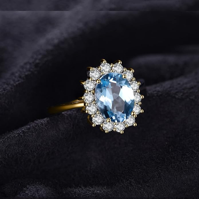 JewelryPalace Princess Diana Kate Middleton Class Gemstone Birthstone Sapphire Halo Engagement Rings for Women, Anniversary 14K White Yellow Rose Gold Plated 925 Sterling Silver Promise Rings for Her