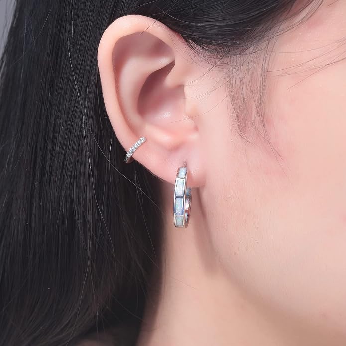 CiNily Sterling Silver/Rose Gold/Yellow Gold Plated Hoop Earrings 20mm,Multicolor Opal Small Hoop Earrings for Women Girls Hypoallergenic Jewelry for Sensitive Ears Gemstone Earrings