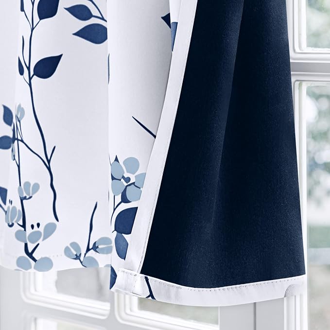 Beauoop Floral Valance Curtains for Kitchen Navy Blue 52X18 Inch 1 Panel | Flower Patterned Navy White Blackout Short Curtains for Living Room Bedroom Cafe Thermal Small Window Curtains Rod Pocket