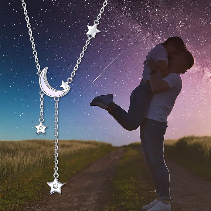 Ladytree 925 Sterling Silver Jewelry Crescent Moon and Star Pendant Necklace