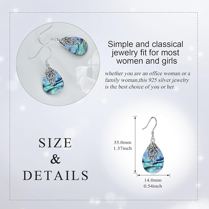 Abalone Shell Dangle Drop Earrings for Women 925 Sterling Silver Filigree Bohemian Earrings Jewelry Gift