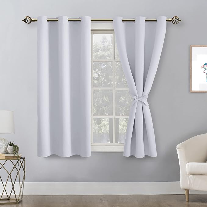 Hiasan Short Blackout Curtains for Bedroom - Thermal Insulated & Energy Saving Window Curtains for Living Room, 2 Drape Panels Sewn with Tiebacks, Greyish White, 42 x 45 Inch