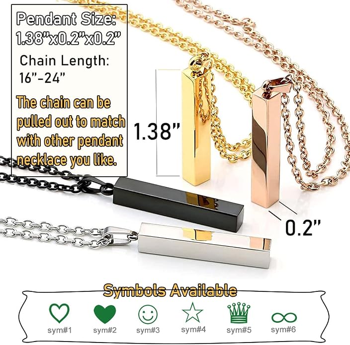 Personalized 3D Vertical Bar Necklace, Custom Necklace Engraved with Any Name Pendant Jewelry Mothers Day Gift