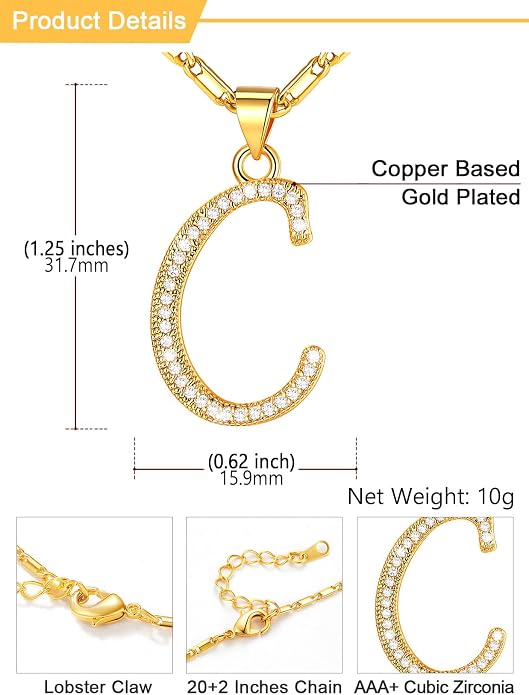 U7 Initial Necklace for Women, Gold/Platinum Plated CZ Crystal Letter A-Z Pendant Necklace, Shiny 20 Inch Name Chain Dainty Personalized Jewelry for Men Mom Wife Friend