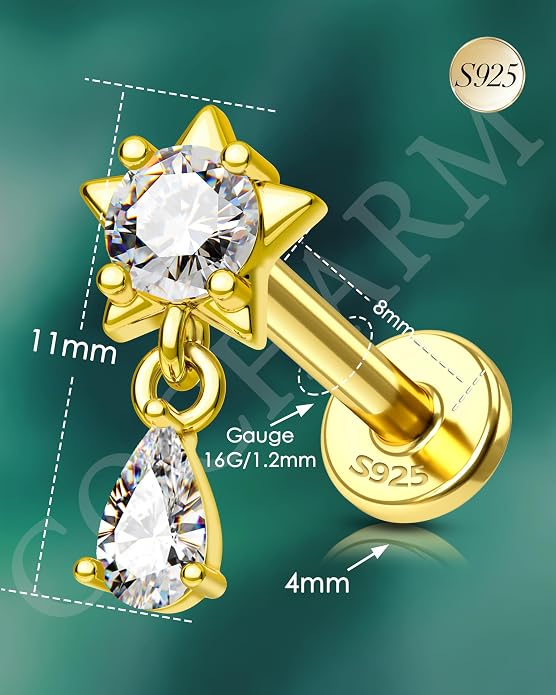 COCHARM 14K Gold Plated Cartilage Earrings Stud 16G Dangle Star 925 Sterling Silver Helix Tragus Earrings Surgical Steel Flat Back Earrings Dangly