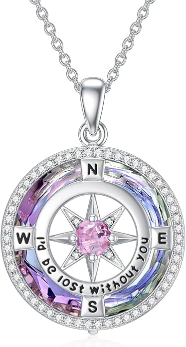TOUPOP Necklace Gifts for Wife Compass Jewelry Women Anniversary Girlfriend Birthday Gift for Her Valentines I'd be Lost without You Sterling Silver Birthstone Necklaces