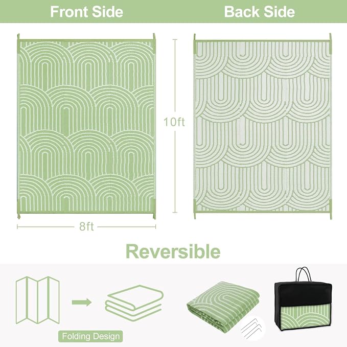 Lahome Large Outdoor Rugs for Patio 9x12,Rv Rugs for Outsides Camper Waterproof, Portable Plastic Straw Proch Carpet for Backyard Under Awning(Green,9'x12')