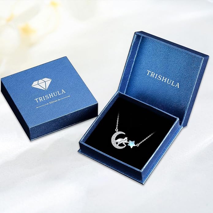 TRISHULA Crescent Moon Necklace 925 Sterling Silver Eye of Horus Animal Moon Pendant with Heart Crystal Birthday Jewelry Gift for Women Christmas Gifts for Her