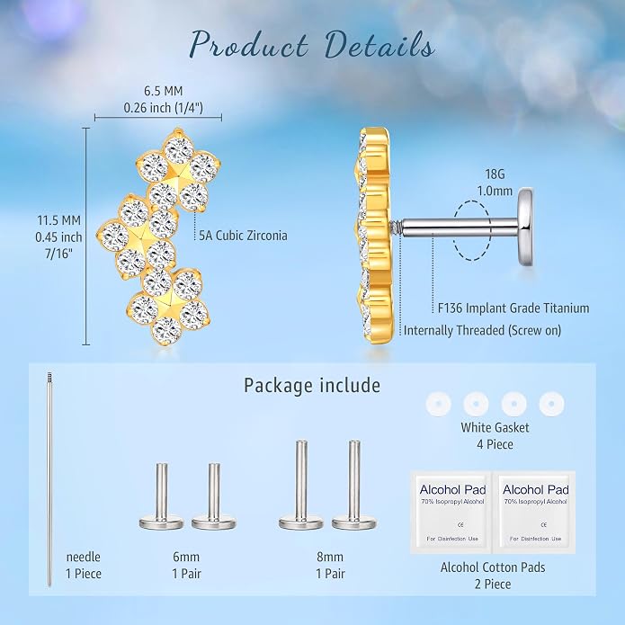 Limerencia 2Pcs 18g Titanium Internally Threaded Tragus Piercing Jewelry Nose Studs Flat Back Earrings Labret, Lip, Helix, Cartilage, Conch, Medusa Piercing for Women Men Sensitive Ears