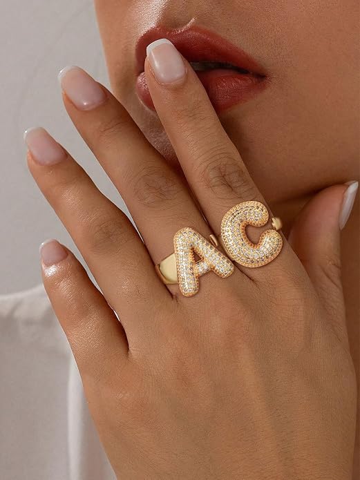 FindChic Initial Ring for Women, Gold Plated Chunky Letter Rings Open Adjustable Trendy Sparkling Cubic Zirconia Personalized Statement Rings Jewelry Gift