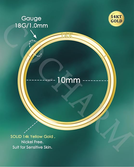 COCHARM 14K Solid Gold 18g/16g Nose Rings 16G Septum Rings Yellow Gold Tragus Helix Cartilage Conch Earring Hoops 18 Gauge Piercing Hoop