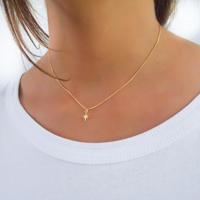 Annika Bella Silver North Star Necklace, Dainty CZ Star Pendant for Women
