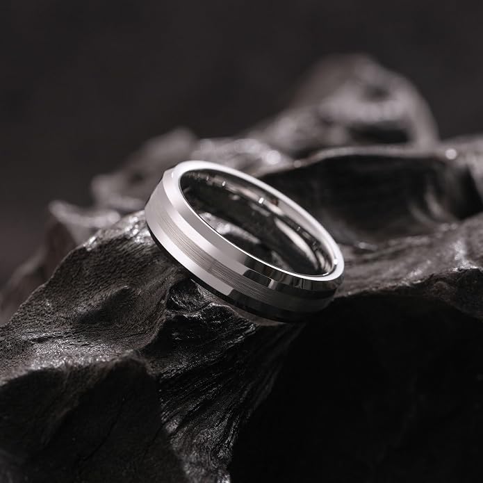 King Will Classic Tungsten Carbide Ring Brushed Two Grooved Center Hammered Design Mens Wedding Band for Men
