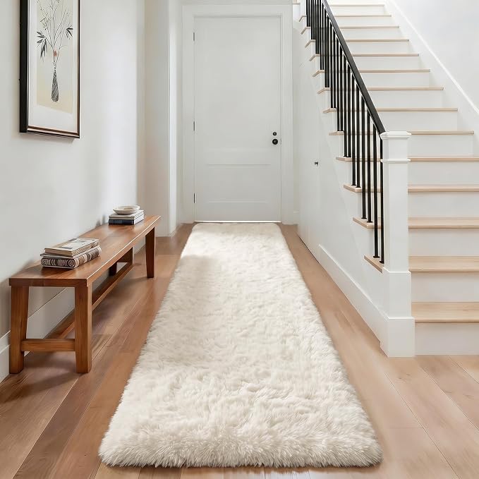 Ophanie Runner Rug for Hallway, 3x8 Washable Non-Slip Fluffy Soft Bedside Rugs, Bedroom Living Room Shaggy Carpet for Kids Girls Boys Dorm Nursery Decor Aesthetic, Ivory with Over 99 pcs Pile fibers