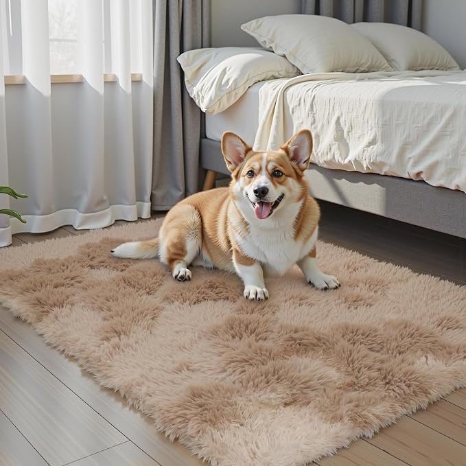 Fluffy Rug Shag Area Rug,Dark Beige Tie-Dyed 3x5 Area Rugs for Bedroom | Non-Slip Small Soft Bedside Rug for Entryway,Living Room and Home Office