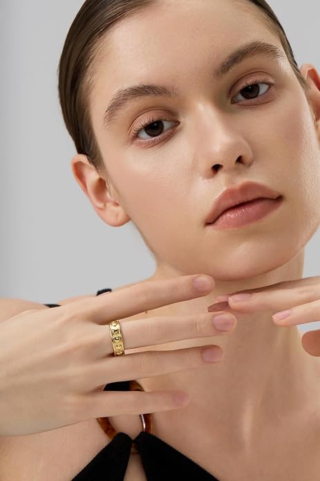 FRUMOS Gold Rings for Women,14K Gold Stacking Rings,Dainty Chunky Bamboo Heart Hammered Two Row Rings for Women Size 6/7/8/9