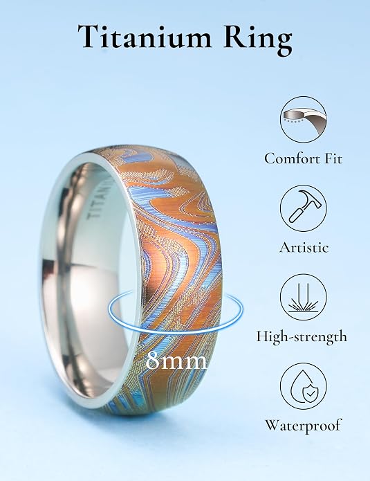 King Will Titanium Wedding Ring for Men Women, 8mm Width Gold/Silver Wedding Band with Unique Random Laser Textured and Multi-Color Laser Engraved Titanium Ring Comfort Fit and Durable Size 8-12