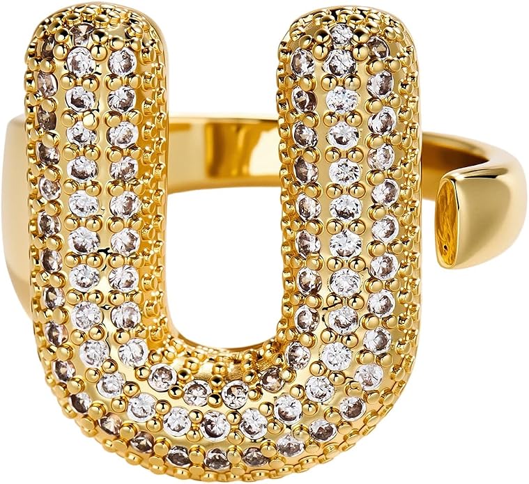 Cicy Bell Initial Rings for Women 14k Gold Plated Cubic Zirconia Delicate Letter Chunky Statement Open Rings Gifts for Her