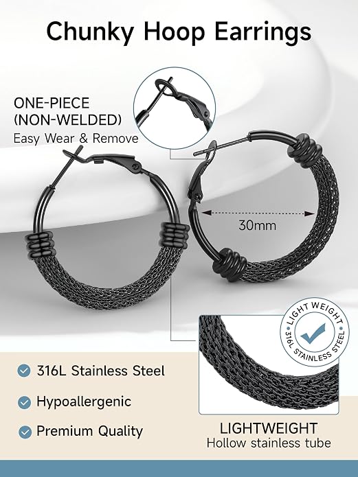 PROSTEEL 30/40/60/80/100mm Chunky Hoop Earrings For Women Gold Plated/Black Stainless Steel Hoops Earrings Statement Jewelry