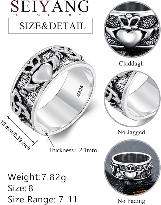 Seiyang Claddagh Ring 925 Sterling Silver Celtic Ring Jewelry Irish Band Gift for Men Women (with Gift Box)